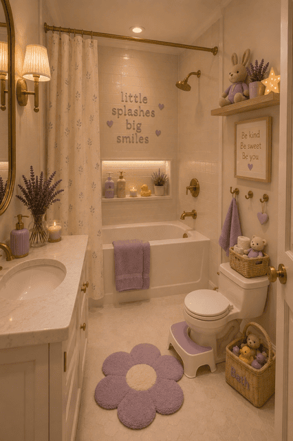Cozy kids bathroom decorated with lavender accessories, soft purple bath mat, floral shower curtain, gold fixtures, warm lighting, and charming family-friendly decor.