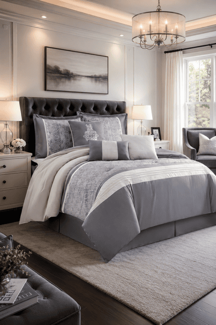 Gray Luxury Comforter Sets styled on a tufted bed with elegant patterned bedding, modern chandelier, plush area rug, warm bedside lamps, and timeless neutral bedroom decor.