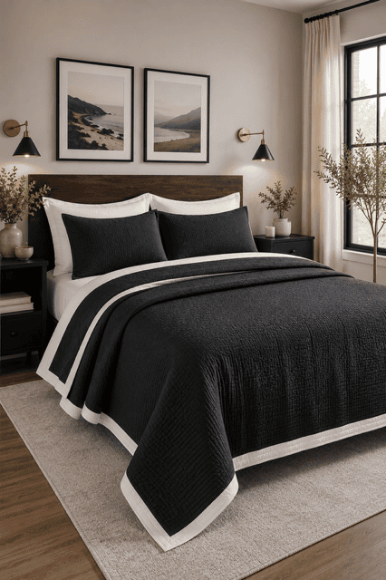 Black Comforter Sets displayed in a sophisticated bedroom with wooden headboard, black accent lighting, neutral walls, coastal artwork, layered bedding, and elegant contemporary styling.