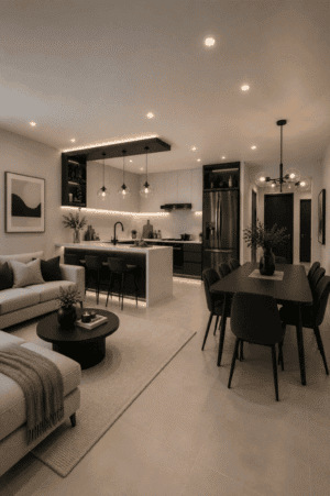 Modern open concept living room with cozy sofa, round coffee table, dining table set, kitchen island, bar stools, pendant lights, modern chandelier, wall decor, and home accessories.