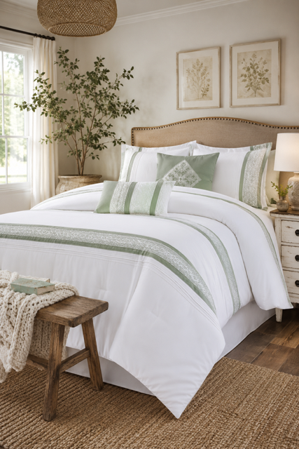 White and Sage Green Comforter Sets decorating a cozy farmhouse bedroom with rustic wooden stool, woven textures, botanical wall art, warm lighting, and elegant neutral styling.