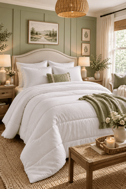 White Comforter Sets paired with sage green accent decor, cozy layered bedding, warm lighting, woven textures, botanical artwork, and elegant modern farmhouse bedroom styling.