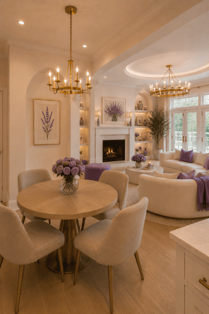 Elegant dining area connected to a cozy living room featuring lavender floral arrangements, cream furniture, fireplace, gold chandeliers, and warm neutral tones.