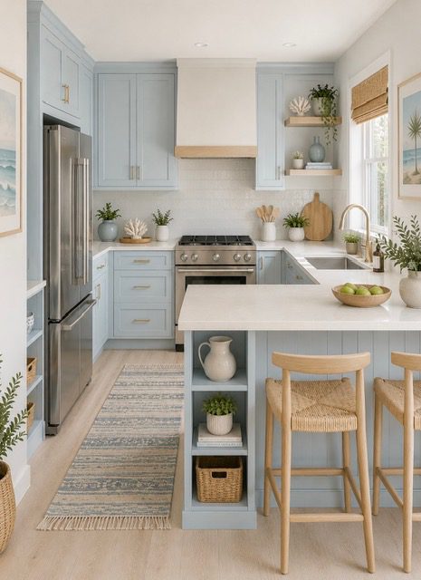 Fresh coastal-inspired kitchen with soft blue island, white cabinetry, woven seating, natural wood accents, stainless steel appliances, coastal artwork, and abundant natural daylight.