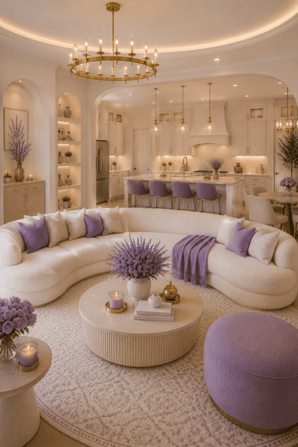 Elegant open-concept living room featuring a curved cream sofa, lavender accent pillows, cozy purple throw blanket, white kitchen with lavender bar stools, gold chandeliers, fresh lavender flowers, and warm luxury home decor.