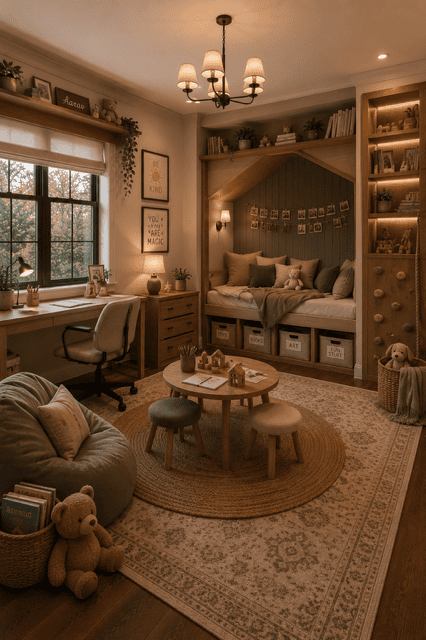 Charming Neutral Home Decor kids' bedroom featuring a built-in bed, study desk, wooden shelving, soft green accents, cozy lighting, and organized storage for a warm family space.