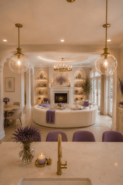 Luxury living room decorated with curved cream sofa, lavender pillows, fireplace, floral wall art, built-in shelves, and warm ambient lighting.