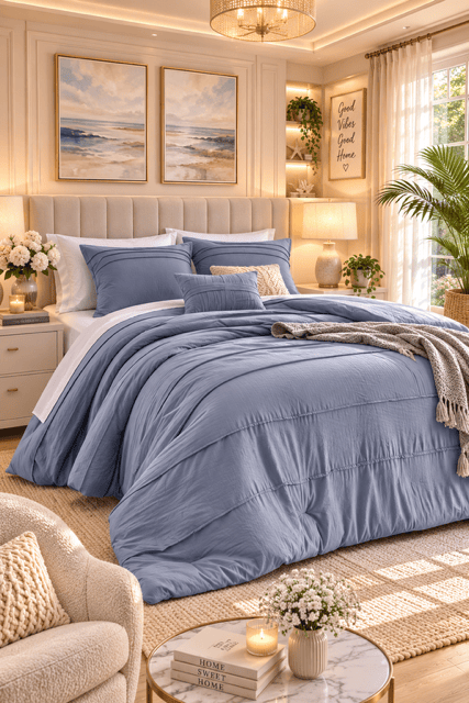 Light Blue Comforter Sets displayed in a luxury bedroom with warm lighting, marble coffee table, upholstered bed, coastal artwork, layered pillows, and relaxing modern decor.