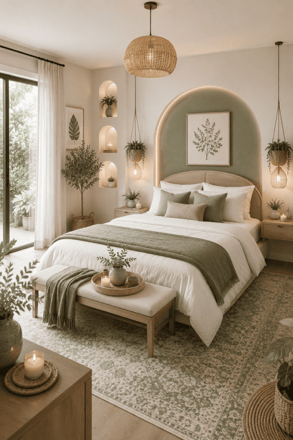 Modern sage green bedroom with an illuminated arched headboard wall, hanging pendant lights, botanical artwork, layered bedding, and cozy sage green bedroom decor inspiration