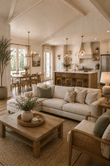 Bright farmhouse open concept living room, kitchen, and dining area with white cabinetry, wooden beams, neutral furniture, and cozy rustic styling.