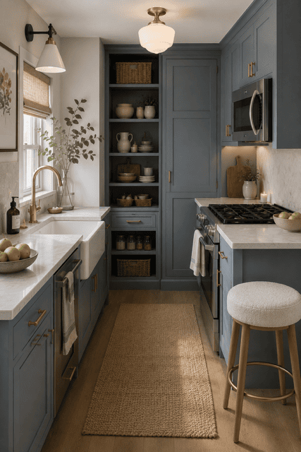Modern coastal galley kitchen featuring deep blue shaker cabinets, farmhouse sink, white quartz countertops, brass hardware, open shelving, woven baskets, and soft natural lighting.