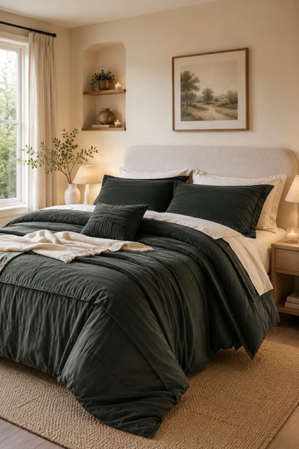 Dark Green Comforter Sets featured in a warm bedroom with wood furniture, woven rug, botanical artwork, soft ambient lighting, and earthy natural home decor.