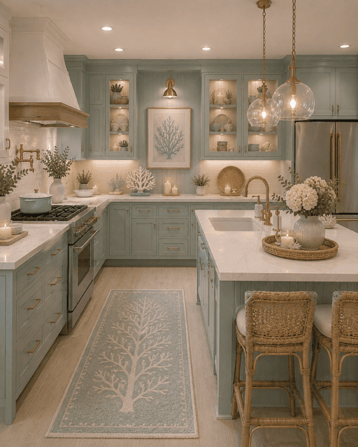 Elegant coastal kitchen featuring sage blue cabinetry, illuminated glass display cabinets, white island, woven bar stools, brass fixtures, coral artwork, and luxurious beach-inspired styling.