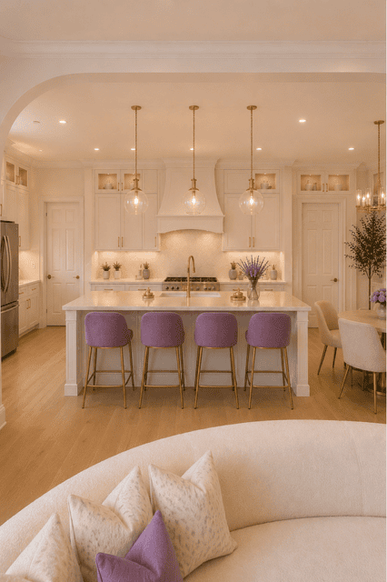Open-concept home featuring a white kitchen island with lavender stools, cream curved sofa, warm lighting, and elegant lavender home accents.