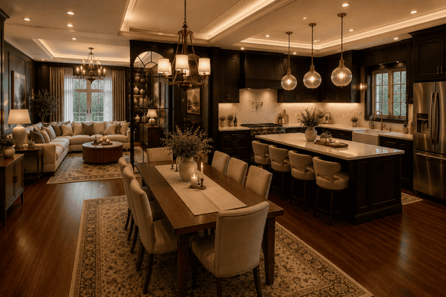 Luxury open concept living room, kitchen, and dining space with dark wood cabinetry, oversized kitchen island, elegant dining table, warm lighting, and sophisticated modern interior.