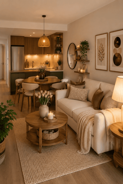 Luxury open concept kitchen with dark wood cabinetry, large island, elegant dining table, and sophisticated living room with warm lighting.