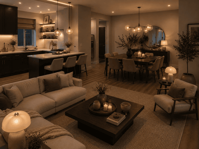 Cozy open concept living room, kitchen, and dining area with warm lighting, neutral furniture, wooden dining table, and modern contemporary décor.