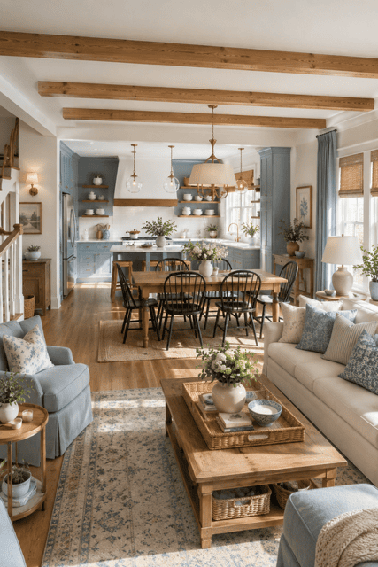 Cozy farmhouse-style open concept living room, kitchen, and dining area with blue cabinetry, exposed wooden beams, rustic dining table, and elegant neutral décor.