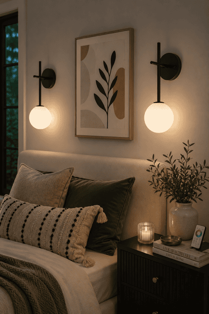 Modern globe wall sconces providing warm bedside lighting in a neutral bedroom