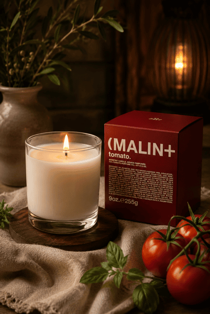 Premium white glass scented candle displayed beside a luxury gift box with fresh tomatoes, basil leaves, linen fabric, and warm ambient lighting for stylish modern home decor.