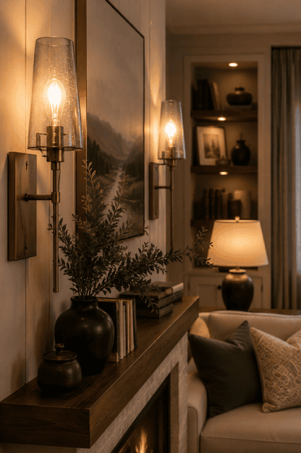 Warm wall sconces and table lamp creating layered living room lighting