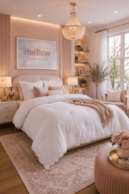 Soft pink luxury bedding set in a bright elegant bedroom with blush decor, crystal chandelier, cozy seating, and one of the best bedding sets for every bedroom.