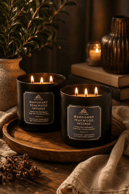 Luxury black Mahogany Teakwood three-wick scented candles arranged on a wooden tray with warm candlelight, greenery, textured fabrics, and modern cozy living room decor.