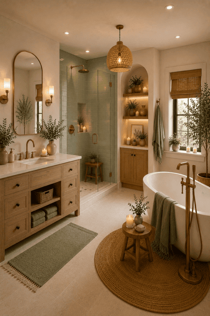 Cozy sage green bathroom featuring a freestanding bathtub, wooden vanity, brass fixtures, glass shower, warm lighting, indoor plants, and natural decor ideas for a relaxing spa-inspired home.