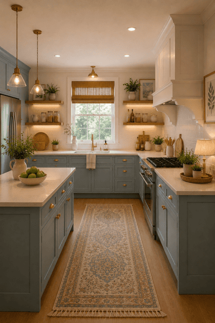 Spacious coastal kitchen featuring muted blue shaker cabinets, white island, brass fixtures, floating wood shelves, soft under-cabinet lighting, and a vintage runner rug.