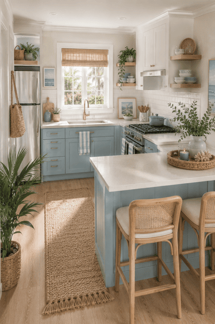 Luxury coastal kitchen featuring cream shaker cabinets, sage blue island, gold bar stools, marble-style countertops, glowing pendant lights, fresh flowers, and an inviting warm ambiance.