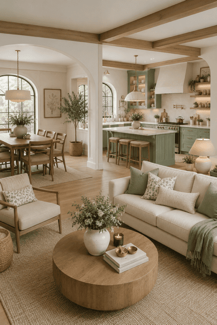 Bright farmhouse open concept living room, sage green kitchen, wooden ceiling beams, neutral furniture, and spacious family dining area.