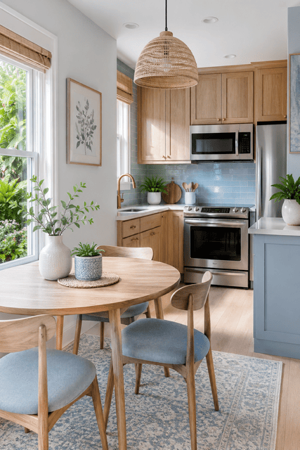 Bright coastal kitchen featuring natural oak cabinets, soft blue subway tile backsplash, woven pendant light, brass faucet, stainless steel appliances, and a cozy dining nook filled with natural sunlight.