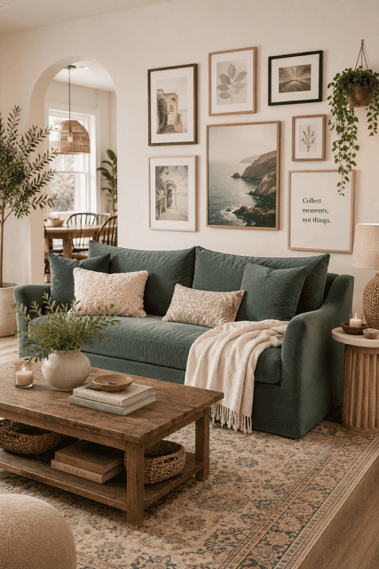 Warm living room featuring a sage green sofa, gallery wall art, rustic wooden coffee table, cozy throw blankets, candles, and stylish Amazon Home Decor Finds for a welcoming home.