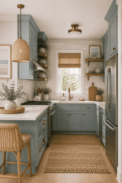 Bright coastal cottage kitchen featuring soft sky blue cabinets, woven pendant light, floating wood shelves, white subway tile backsplash, brass faucet, and natural sunlight.