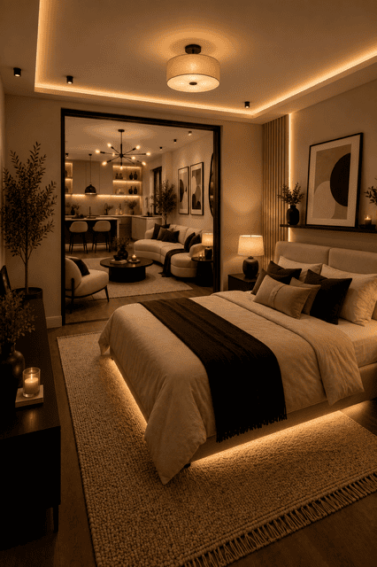 Modern bedroom connected to an open concept living room and kitchen featuring warm ambient lighting, neutral furnishings, and luxurious contemporary décor.