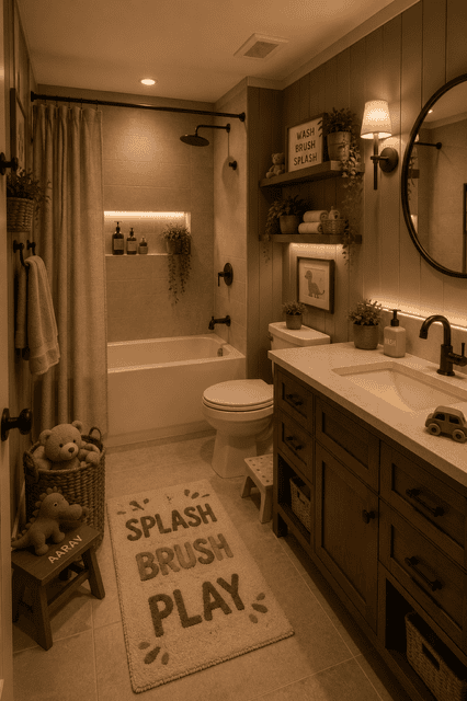 Adorable Neutral Home Decor kids' bathroom featuring wood cabinetry, playful decor, soft lighting, bathtub, round mirror, and warm natural finishes for a cozy family-friendly space.