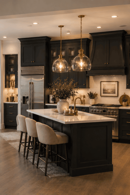 Elegant Neutral Home Decor kitchen showcasing dark navy cabinets, a white waterfall island, brass pendant lights, upholstered bar stools, warm lighting, and modern farmhouse finishes.