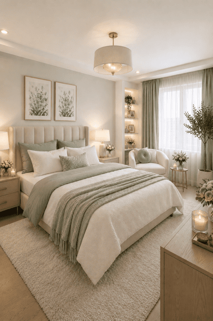 Cozy sage green bedroom featuring a soft upholstered bed, layered white bedding, botanical wall art, warm table lamps, plush area rug, and elegant neutral decor creating a peaceful relaxing retreat.