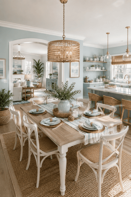 Coastal-inspired open concept dining, living room, and kitchen with light blue cabinetry, woven pendant lighting, natural textures, and bright airy interiors.