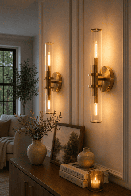 Elegant brass wall sconces creating warm ambient lighting above a styled console table