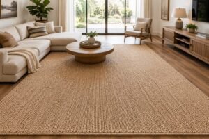 Large natural jute area rug styled in a modern American living room with a neutral sectional sofa, round wooden coffee table, warm wood furniture, and cozy organic décor.