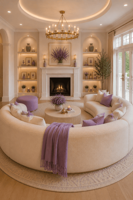 Open-concept luxury home showcasing a cream curved sofa, white kitchen, lavender decor, gold lighting, fireplace, and elegant modern interior design.