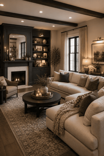 Beautiful Neutral Home Decor living room featuring a modern fireplace, built-in shelving, cream sectional sofa, layered rugs, warm lighting, natural greenery, and cozy farmhouse styling.