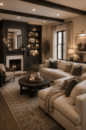 Cream sectional sofa with soft neutral cushions in a cozy modern farmhouse living room featuring warm lighting and a fireplace.