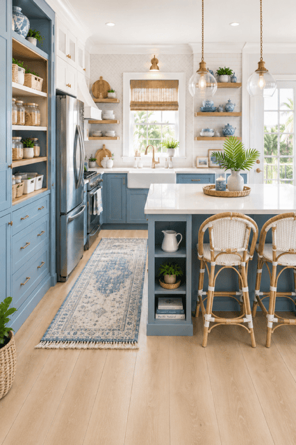 Luxury beach-inspired kitchen showcasing sky blue cabinetry, white quartz island, woven counter stools, open shelving, coastal decor, palm views, and bright natural sunlight.
