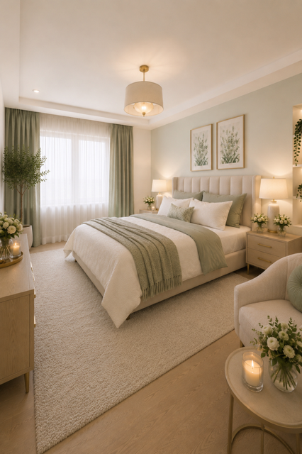 Sage Green Comforter Sets decorating a bright modern bedroom with soft cream furniture, layered pillows, cozy throw blanket, botanical artwork, warm lighting, and elegant American bedroom styling.