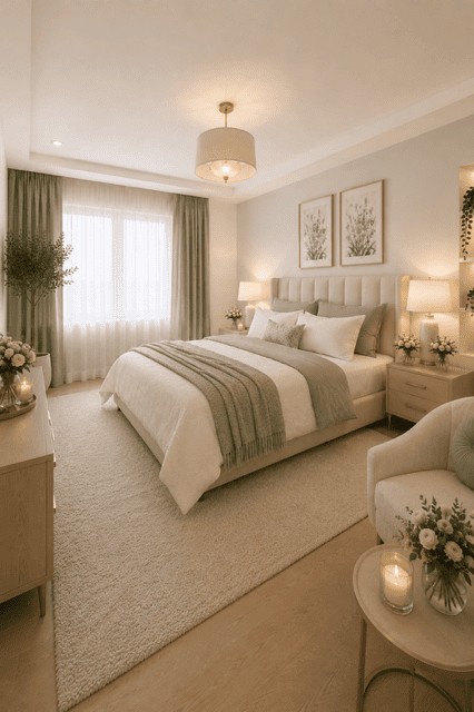 Alt Text: Cozy sage green bedroom featuring a soft upholstered bed, white bedding, layered textiles, warm lighting, botanical wall art, and elegant neutral decor for a relaxing modern home.