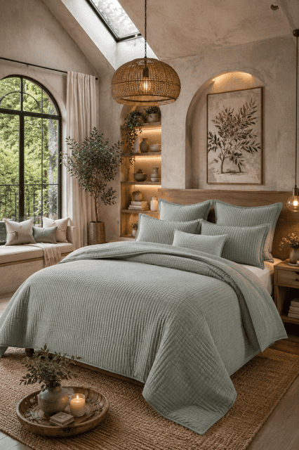 Soft sage green quilted bedding set in a peaceful modern bedroom with arched windows, wooden furniture, cozy lighting, and one of the best bedding sets for every bedroom.