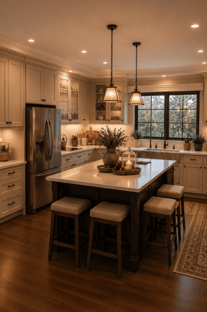 Beautiful Neutral Home Decor kitchen showcasing white cabinetry, a spacious island, marble countertops, pendant lighting, natural greenery, and warm wood flooring.