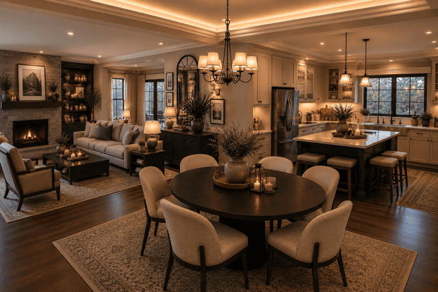 Cozy open concept living room, kitchen, and dining design featuring a modern fireplace, neutral furniture, spacious kitchen island, warm ambient lighting, and timeless contemporary décor.